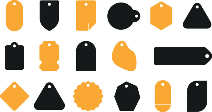 Collection of various black and orange blank price tags and labels for retail sales and marketing promotions