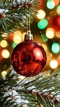 Christmas Ornaments Hanging on a Pine Tree Branch with Bokeh Lights in the Background. and Holiday Decorations