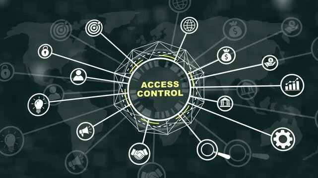 Advanced digital access control system infographic featuring interconnected global network nodes, cyber security data protection and secure authentication technology visualization for corporate