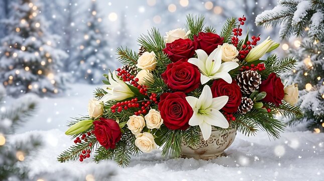 Christmas Floral Arrangement with Red Roses White Lilies Pine Cones and Evergreen Branches in Snowy Winter