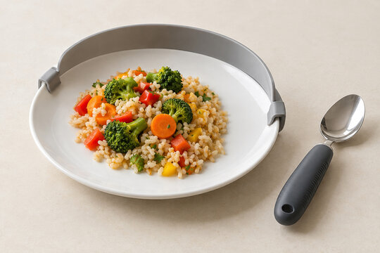Plate guard attached to dinner plate for one handed eating