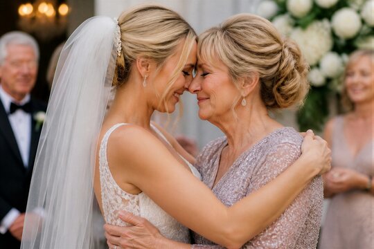 Bride embracing mother during wedding ceremony in venue