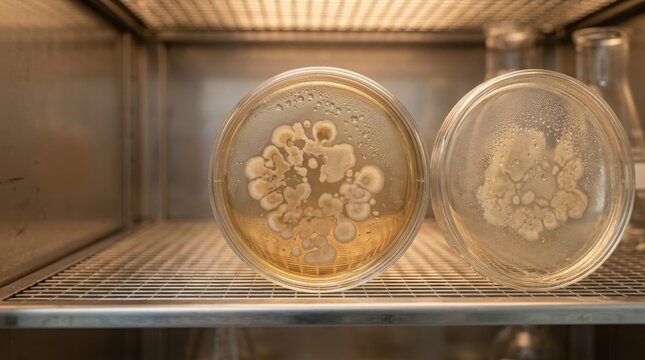 Microbial colonies growing in a petri dish containing agar culture medium, showcased within a laboratory incubator.