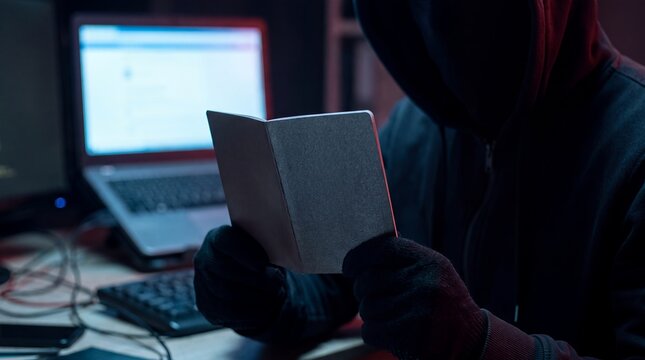 Hacker passport identity theft cybercrime document fraud cybersecurity forgery blank Hooded criminal holds a travel booklet near a laptop for stolen credentials impersonation and personal data risk