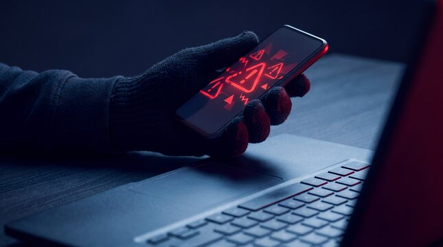 Smartphone warning hacker cybercrime phishing alert security malware laptop fraud Hand holds a device with red danger symbols above a computer for scam detection and online threat awareness concepts