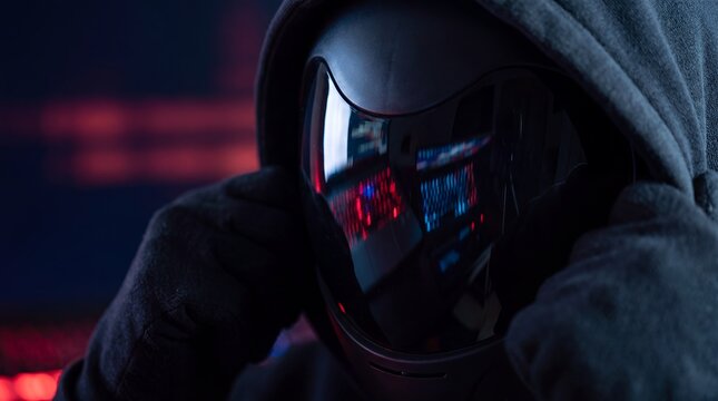 Hacker cybercrime disguise mask keyboard anonymity identity deception security threat Gloved hands lift a reflective face covering above a laptop in red light suggesting concealed identity and fraud