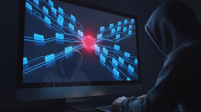 Data exfiltration cyberattack network breach hacker folders transfer cybersecurity theft Digital files converge on a glowing red node while a hooded intruder watches for breach and privacy campaigns