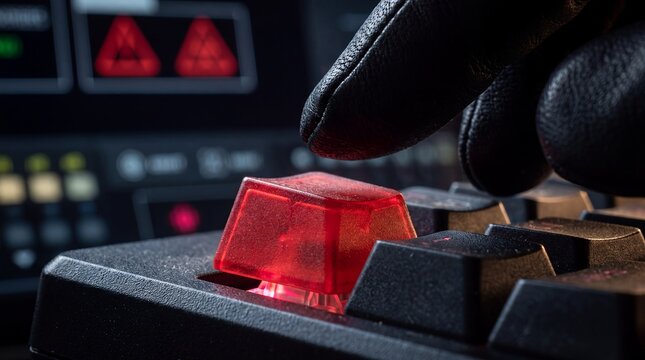 Hacker keyboard key cybercrime attack access cybersecurity gloved finger danger Close view captures a black gloved fingertip poised above a glowing red button for intrusion risk and warning concepts