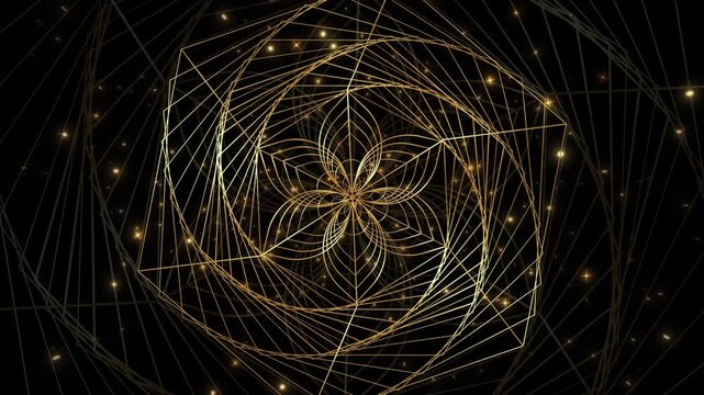 Video animation of mystical spiral hexagon and Flower of life, gold wireframe style, sparkling sacred geometry representation of curved lines, esoteric seed of life, black background, Loop footage