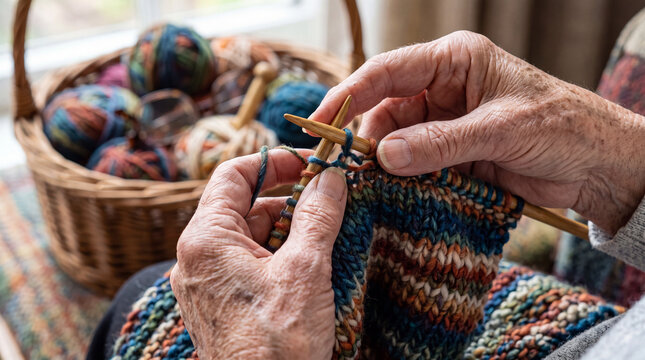 Elderly hands knitting colorful woolen yarn with wooden needles holding a basket of balls