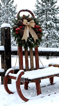 Wooden Sleigh Decorated with Festive Berries and Bows, Gently Rotating in a Snowy Winter Landscape. Holiday Season Concept.