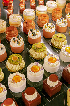 Assorted Gourmet Desserts cakes on Display at Pastry Shop, Patisserie
