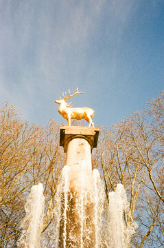 Golden deer statue atop fountain column in park