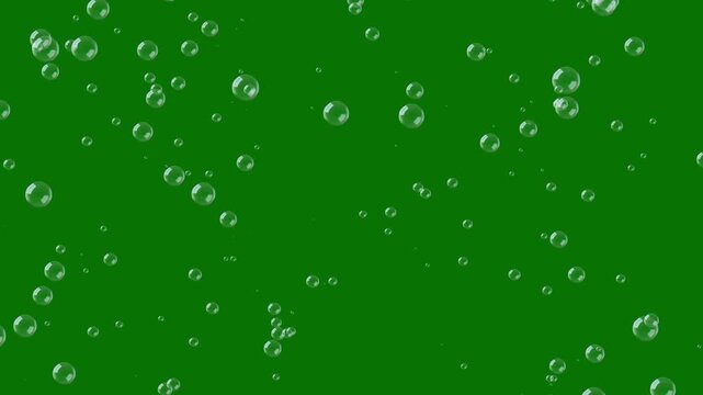 White soap bubbles floating upward across green background, abstract realistic glossy bubble animation with glare, 4K seamless loop motion graphics for party footage, compositing and overlays