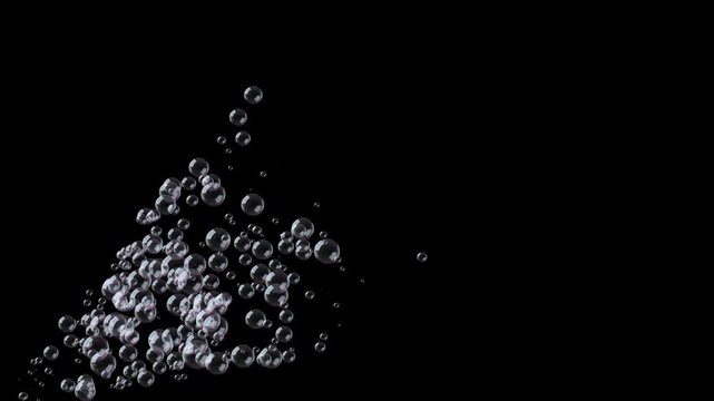 Floating soap bubbles fly across dark black background, colorful realistic bubbles with bright glare and reflections, 4K seamless loop animation, perfect for party footage, overlays and compositing