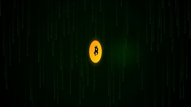 Glowing Bitcoin cryptocurrency token symbol surrounded by digital code matrix rain background