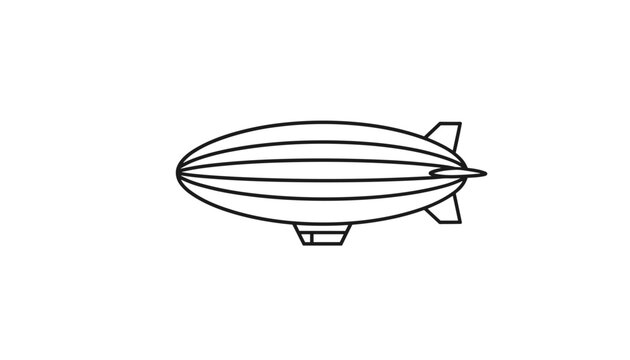 Simple black and white line art illustration of a large blimp or dirigible airship flying through the air for coloring or logo design.