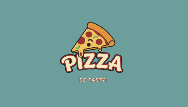 Cute pizza slice character with a smiley face and melting cheese for a fast food restaurant menu or delivery branding logo design concept.