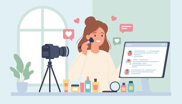 Young woman beauty influencer recording a makeup tutorial video for her social media channel while sitting at her dressing table.