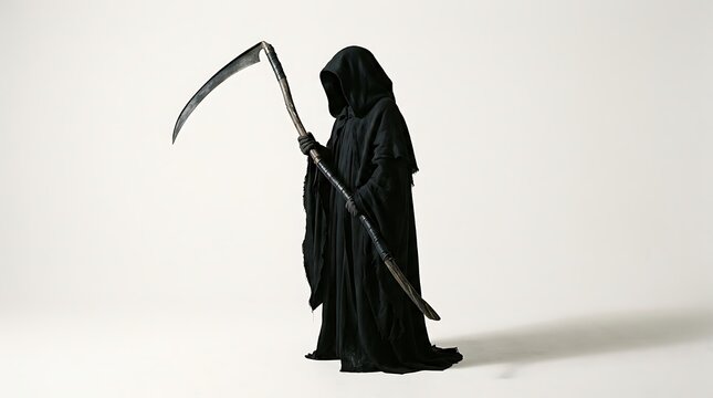 Mysterious figure dressed in black holding large scythe against transparent background