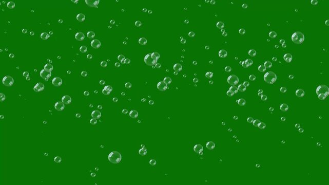 Soap bubbles floating across green background with colorful realistic reflections and glossy glare, downwards movement animation, 4K seamless loop footage for parties, celebrations and compositing