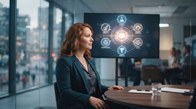 Artificial general intelligence era professional woman reviewing digital interface in office meeting room. Redhaired female expert analyzing futuristic technological display charts.