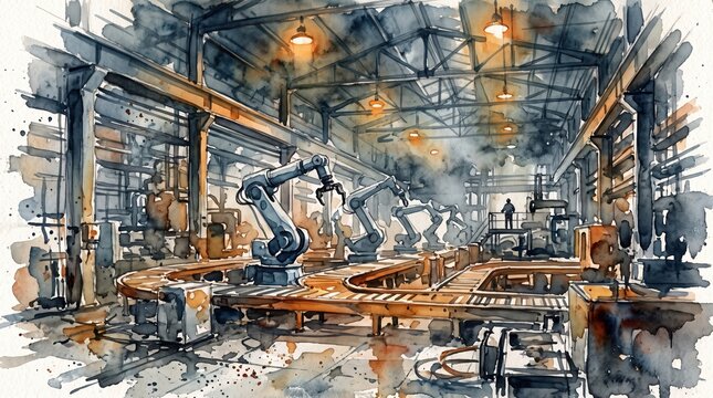 Artificial general intelligence era automated factory with robotic assembly lines and human supervisor. Watercolor style industrial scene depicting advanced manufacturing.