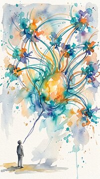Artificial general intelligence era human observer gazing at glowing neural network with watercolor splashes and abstract data pathways representing future technology innovation.