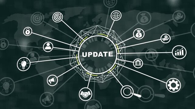 Dynamic digital update concept featuring a centralized geometric network hub with interconnected business global data connectivity, futuristic infographic interface, and tech motion