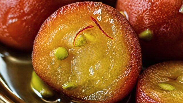 Extreme macro close-up of a freshly cut gulab jamun revealing its moist soft 