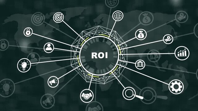 Dynamic roi business growth infographic animation featuring interconnected global network nodes, financial data analytics, strategic marketing and corporate performance metrics for presentations
