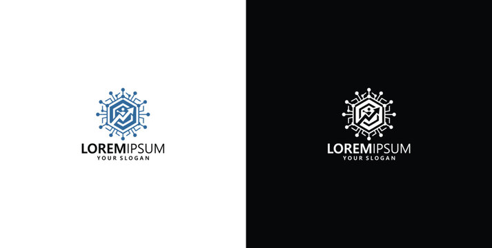 Abstract Letter S Technology Network Logo Design with Hexagon and Circuit Connections for Modern Business Identity on White and Black Background