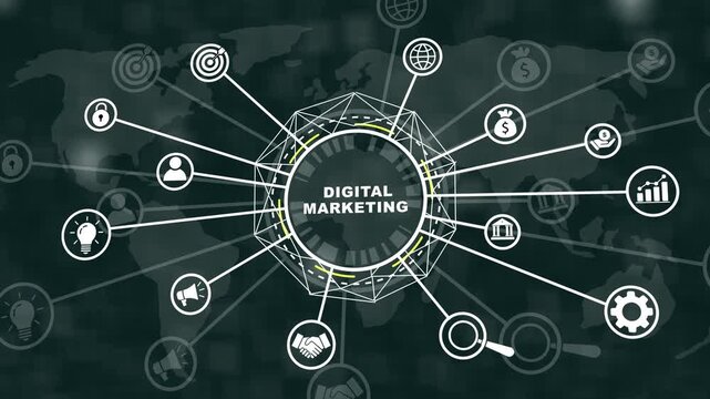 Dynamic digital marketing concept with animated global network connections, business strategy and futuristic data visualization interface for corporate technology presentations and online growth