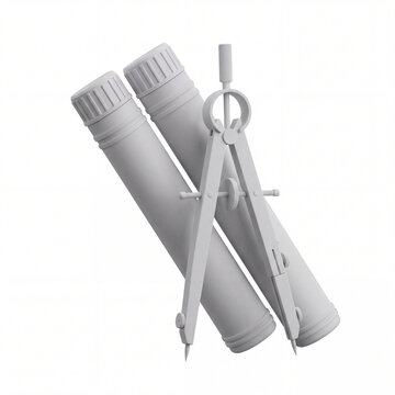 Architect drafting tubes and drawing compass for blueprints