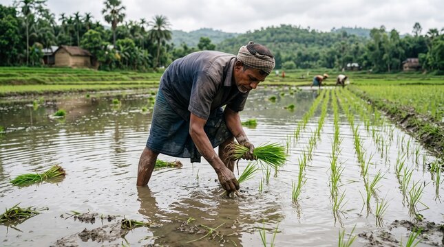 South Asian farmer planting rice seedlings in a flooded rural paddy field