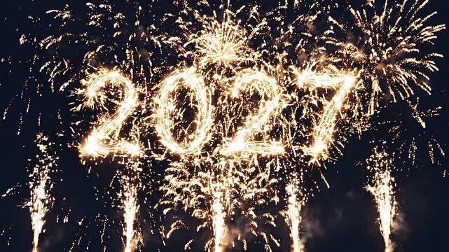 2027 new year celebration with sparkling fireworks display and glowing golden typography