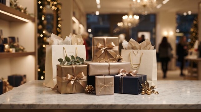Wrapped gift boxes and shopping bags displayed on a counter inside a festive store
