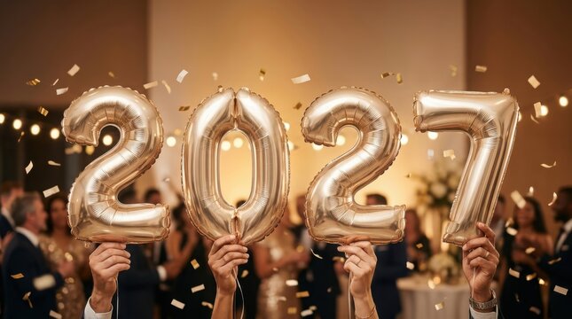Golden year 2027 balloons held aloft during celebratory event with confetti