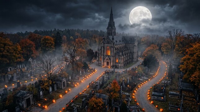 Eerie church with glowing jack-o-lanterns lining the path on a misty night