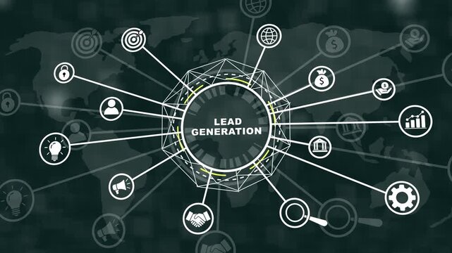 Dynamic lead generation digital marketing concept featuring animated global business network connections, strategic sales funnel and corporate growth analytics on a modern dark map background