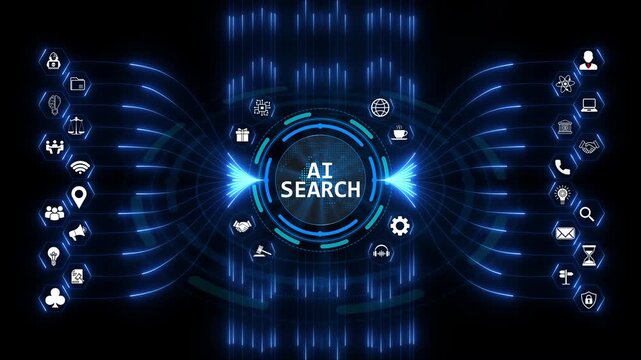 Artificial intelligence search interface with digital technology connection icons for web browsing and modern data discovery ai searching system
