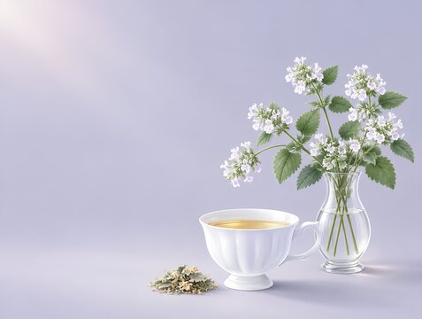 Herbal Tea Background &ndash; Catnip. Fresh catnip branches, dried leaves and pale golden herbal infusion on a soft lavender background with generous copy space.