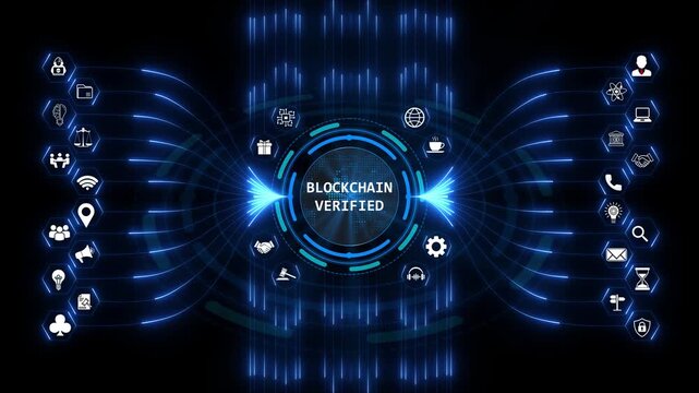 Blockchain verified technology interface shown as a secure distributed ledger network system with glowing icons for a modern crypto database