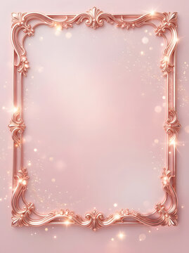 Elegant rose gold ornate border featuring intricate baroque curves and sparkling bokeh light effects over a soft pink background.