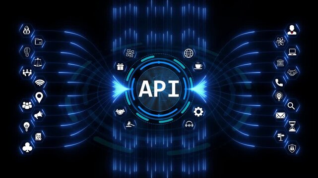 API interface shows software integration connections and web programming endpoints while showing application programming interface connectivity flow