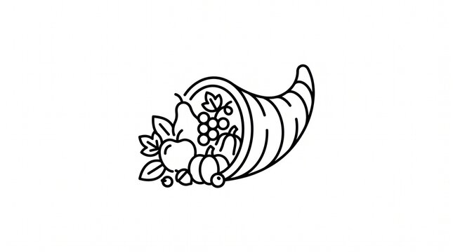 Thanksgiving cornucopia line art icon with harvest fruits and vegetables