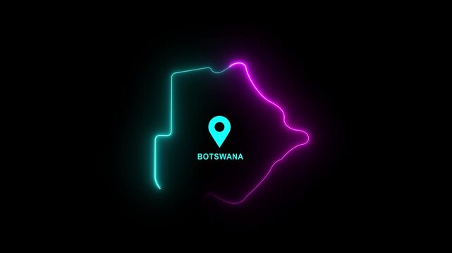 glowing neon Map Botswana Outline with Location Pin Loop, Southern Africa Country Border, Digital Navigation, Travel, Tourism, Geography, Global black background.Motion graphics of concept 4k video