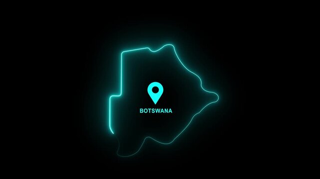 glowing neon Map Botswana Outline with Location Pin Loop, Southern Africa Country Border, Digital Navigation, Travel, Tourism, Geography, Global black background.Motion graphics of concept 4k video