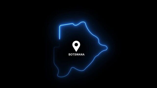glowing neon Map Botswana Outline with Location Pin Loop, Southern Africa Country Border, Digital Navigation, Travel, Tourism, Geography, Global black background.Motion graphics of concept 4k video