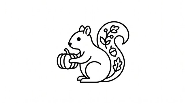 Minimalist squirrel line art icon holding a pumpkin for autumn design